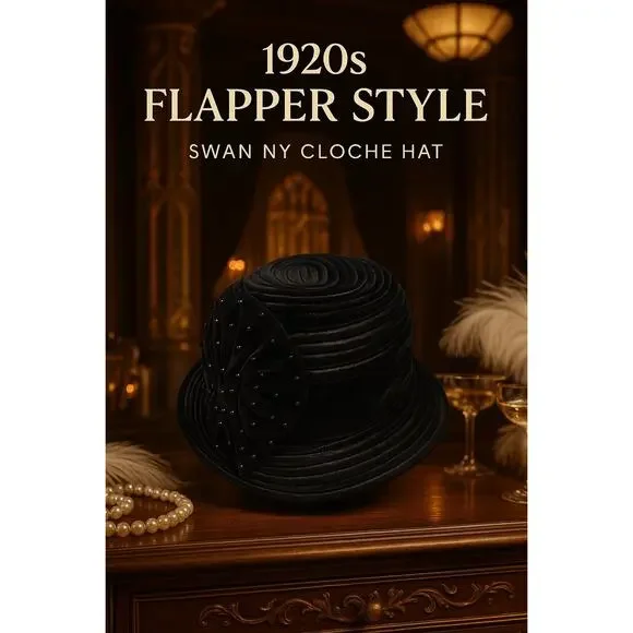Swan Hat NY Black Velvet ClocheFlapper 1920s Gatsby Beaded Hat